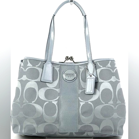 ~Like New~ Stunning COACH Signature Stripe XL Ice Blue Framed Kisslock Satchel~ - Picture 1 of 16